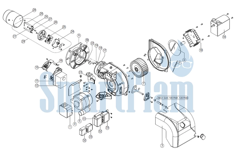 Схема Запасные части для газовой горелки Ecoflam MAX GAS 70 P AB HT Low Nox/ MAX GAS 105 P AB HT Low Nox/ MAX GAS 120 P AB HT Low Nox